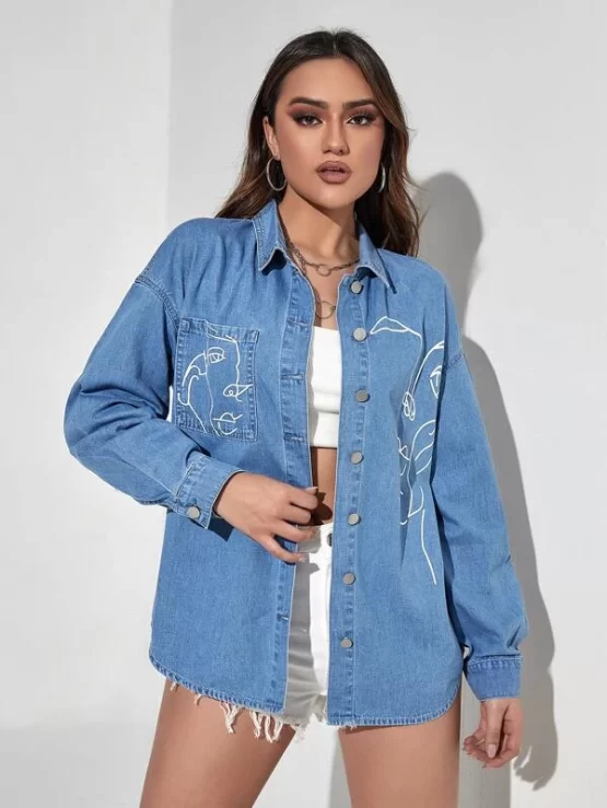 Abstract Figure Graphic Drop Shoulder Button Through Denim Blouse - Image 3