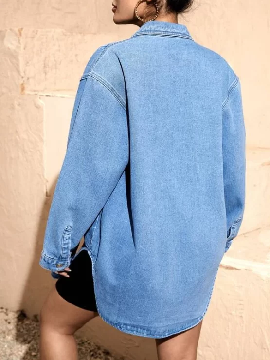 Button Front Split Long Hem Denim Top - Image 3