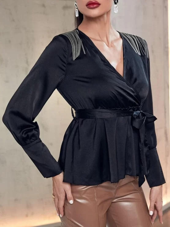 Fringe Trim Overlap Collar Peplum Hem Belted Blouse - Image 4