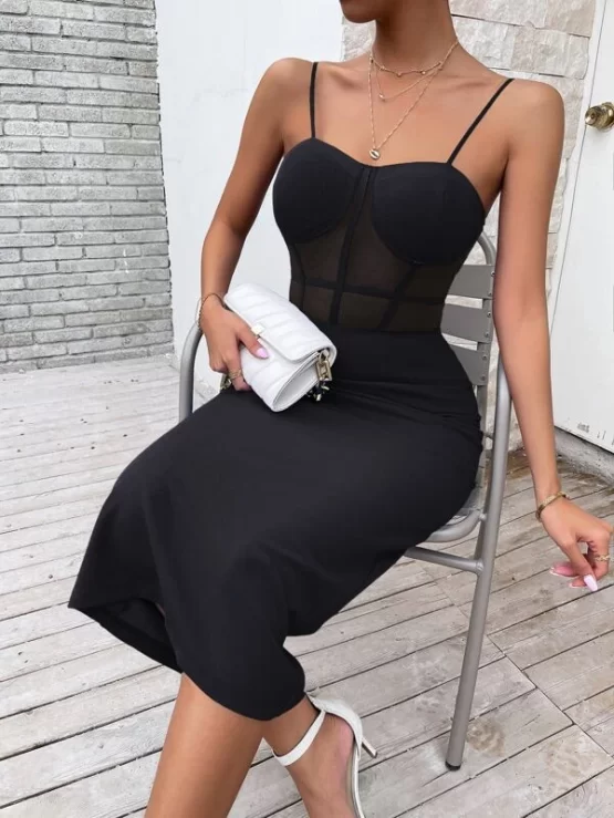 Sheer Mesh Seam Solid Front Dress
