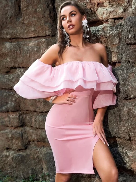 Color Block Off Shoulder Ruffle Trim Lantern Sleeve Slit Thigh Bodycon Dress - Image 13