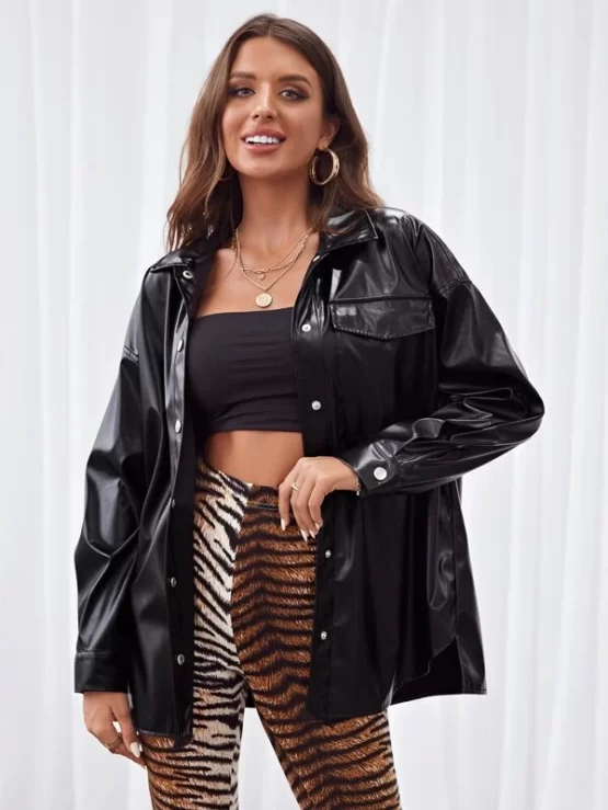 Drop Shoulder Button Up PU Leather Coat