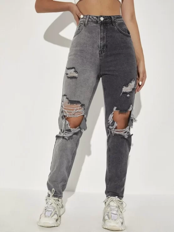 Knee Ripped Two Tone High Waist Jeans - Image 4