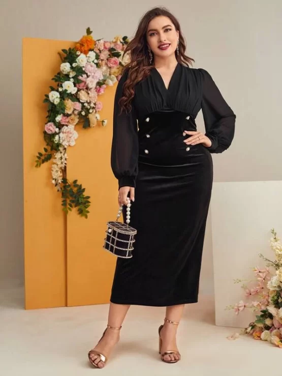 Plus Bishop Sleeve Double Button Fitted Dress