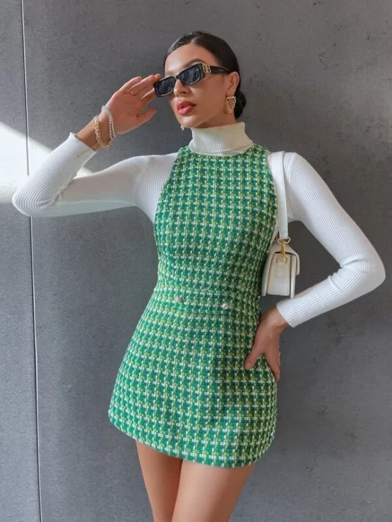 1pc Plaid Sleeveless Tweed Dress - Image 4