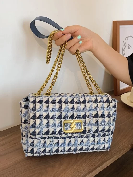 Metal Decor Plaid Pattern Flap Square Bag