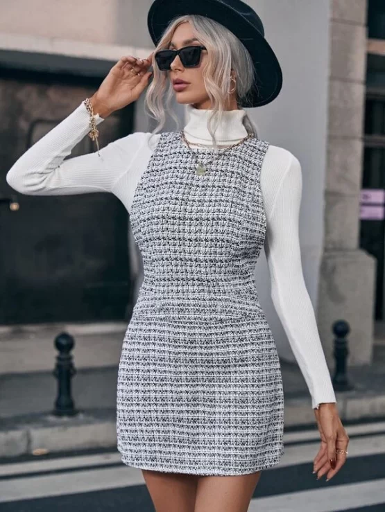 1pc Plaid Sleeveless Tweed Dress - Image 7