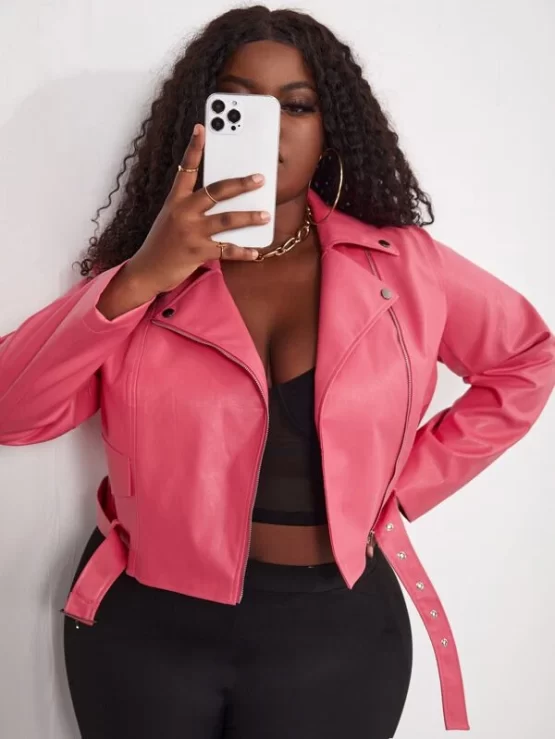 Plus Zip Up Buckle Belted PU Moto Leather Jacket - Image 4