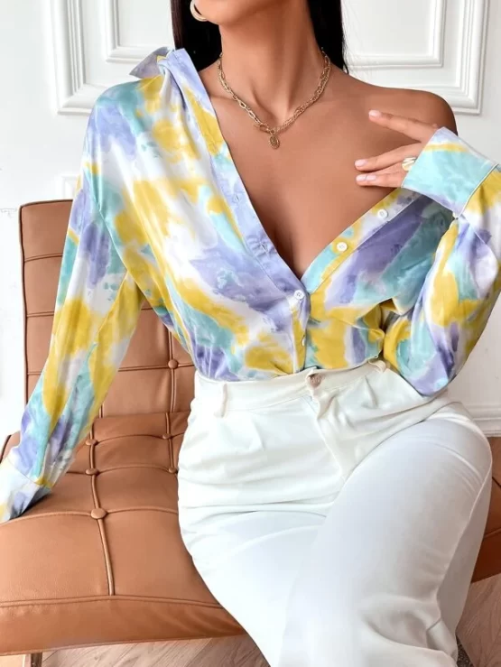 Tie Dye Drop Shoulder Button Front Blouse
