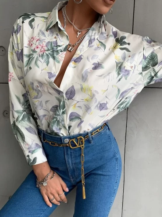 Plants Print Button Up Front Blouse - Image 4