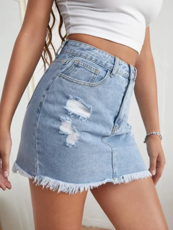 High Waist Ripped Raw Hem Denim Skirt - Image 4
