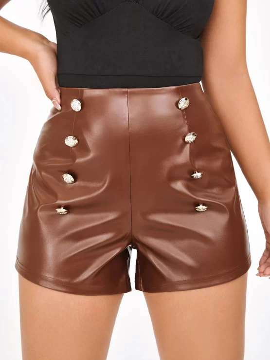 Doubled Detail High Waist PU Leather Shorts