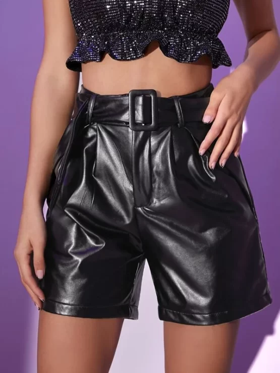 Solid Belted High Waist PU Leather Shorts