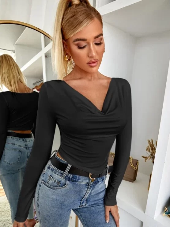 Solid Elegant Plain Crop Cowl Neck Tee