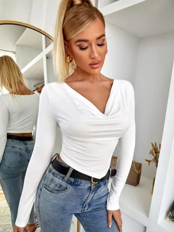 Solid Elegant Plain Crop Cowl Neck Tee - Image 4
