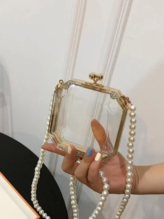 Clear Fantastic Faux Pearls Chain Box Bag - Image 4