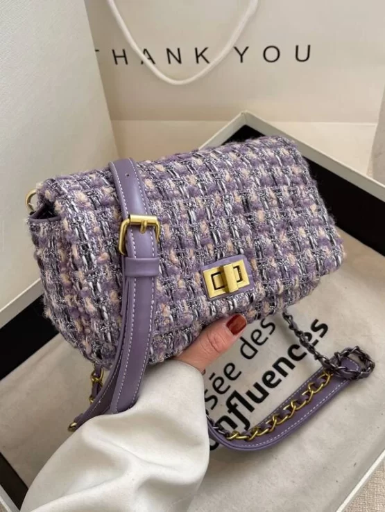 Tweed Plaid Pattern Twist Lock Square Bag - Image 4