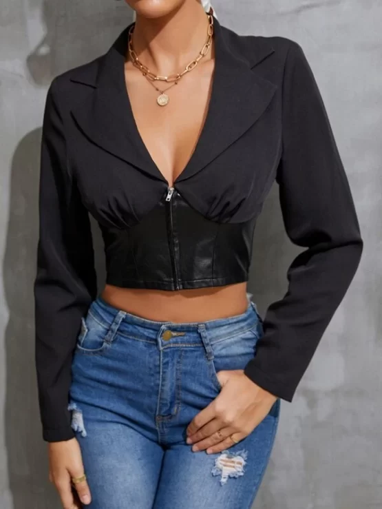 Lapel Collar Ruched Zipper Crop Jacket - Image 4