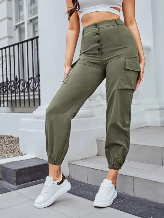 Flap Plain Pocket Button Fly Cargo Pants
