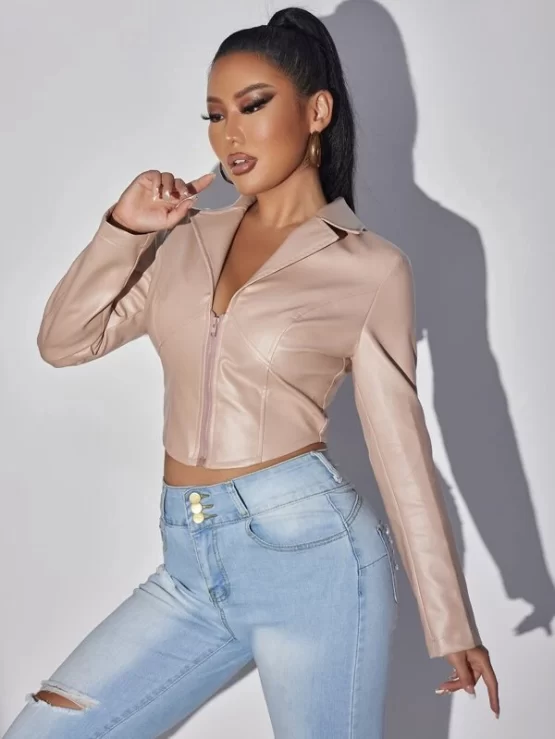 Lapel Collar Zipper Front PU Leather Jacket