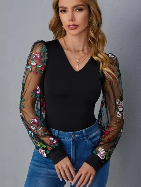 Floral Embroidery Mesh Sleeve Top - Image 4