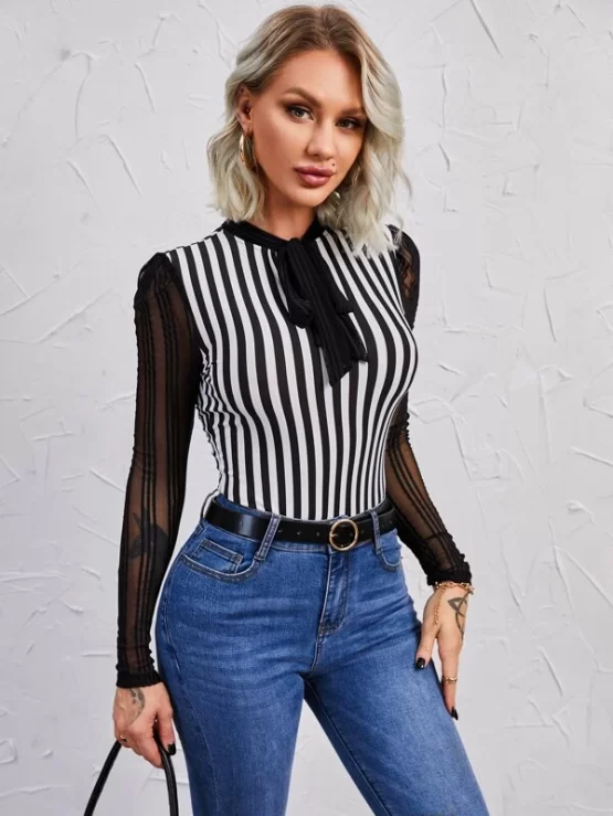 Vertical Stripe Contrast Mesh Tie Neck Top