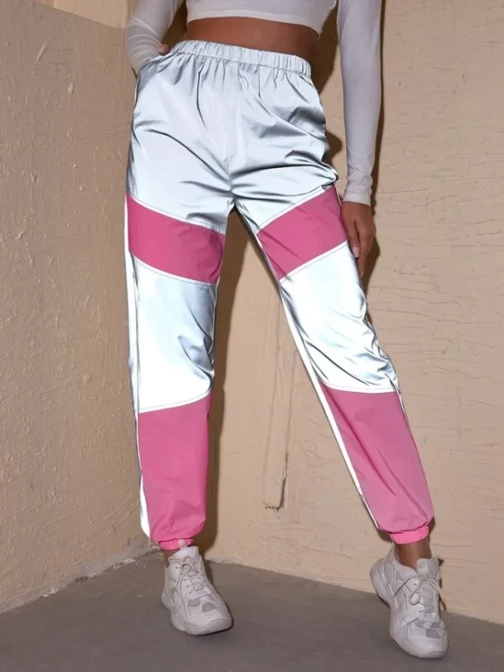 Reflective Color Block Elastic Waist Pants - Image 4