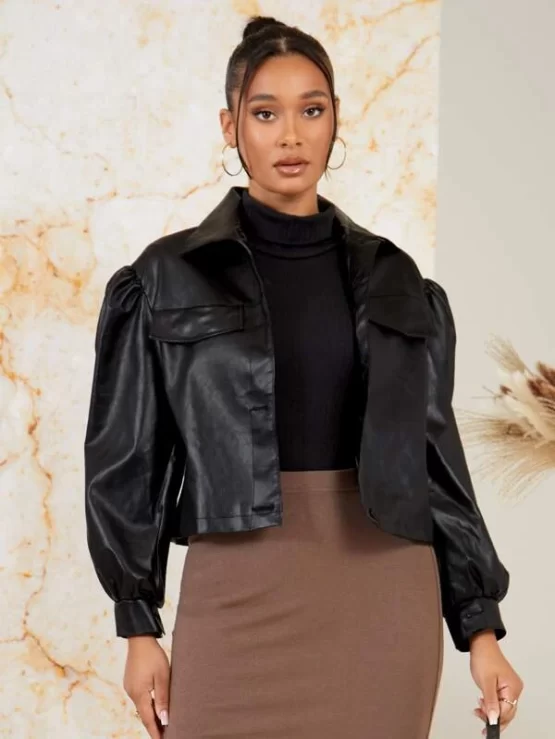 Flap Detail Puff Sleeve PU Leather Jacket