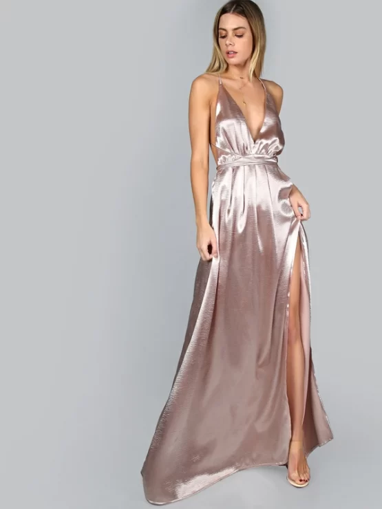 Cross Back High Split Maxi Slip Satin Dress - Image 4