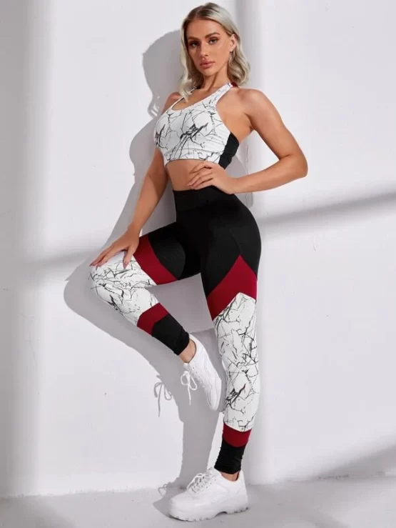 Marble Print Sports Bra & Colorblock Leggings - Image 4