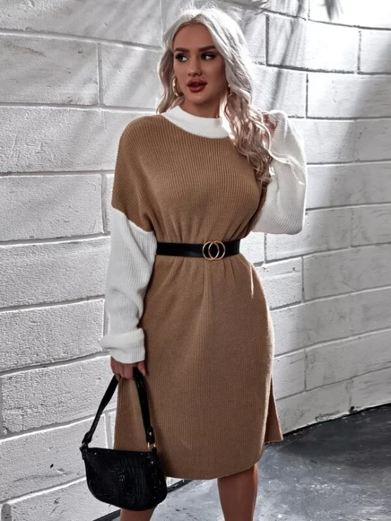 Color Block Drop Shoulder Sweater Dress Without Belt