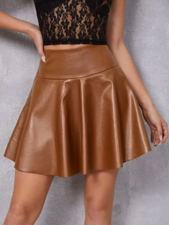 PU High Waist Mini Flare Leather Skirt