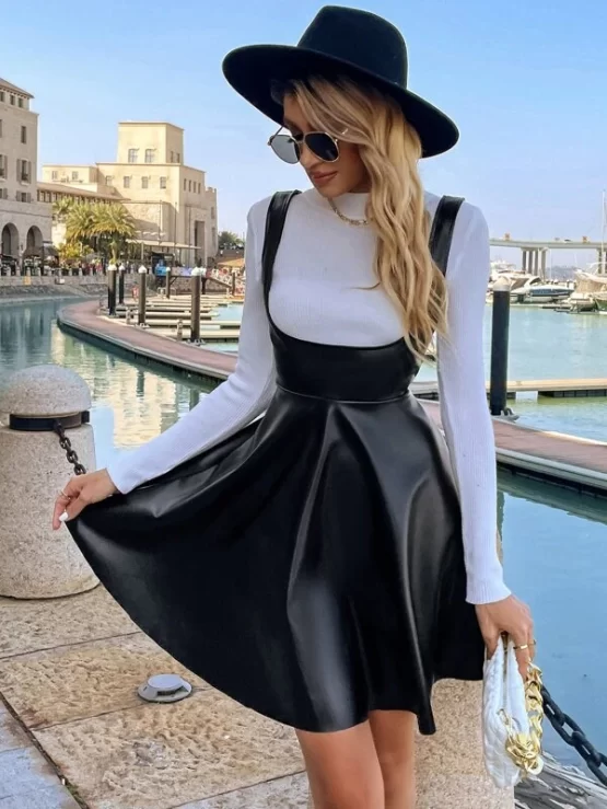 Flare Hem PU Leather Overall Dress Without Tee