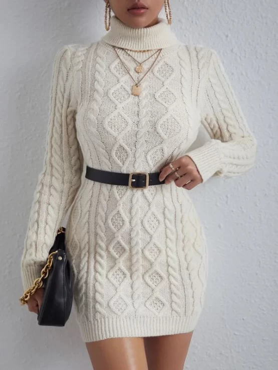 Turtleneck Cable Knit Sweater Dress Without Belt