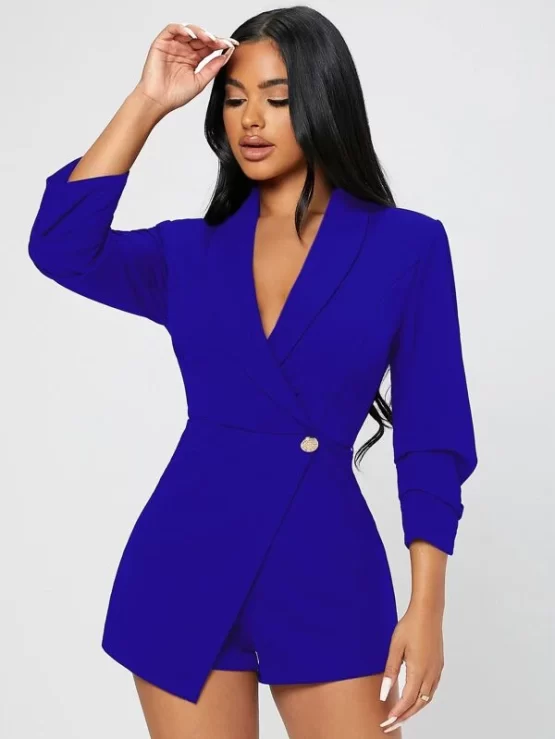 Solid Short Shawl Collar Wrap Romper - Image 7