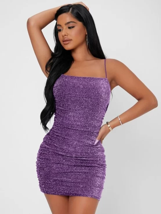 Backless Ruched Glitter Bodycon Dress - Image 4