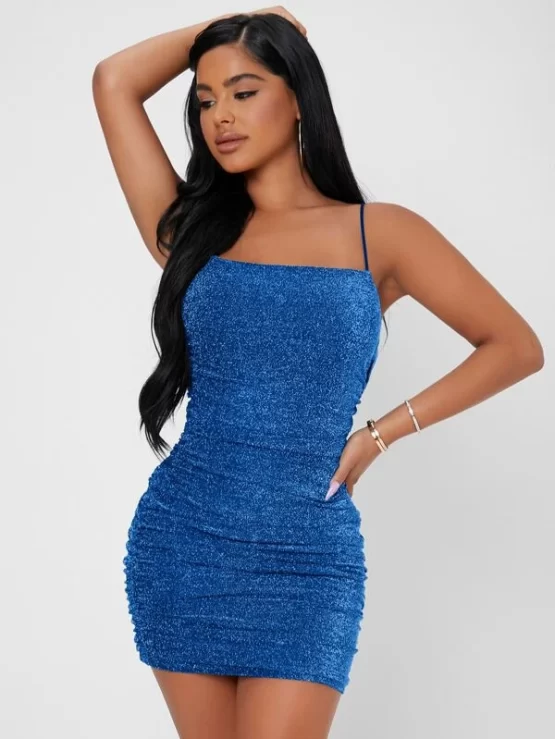 Backless Ruched Glitter Bodycon Dress - Image 7