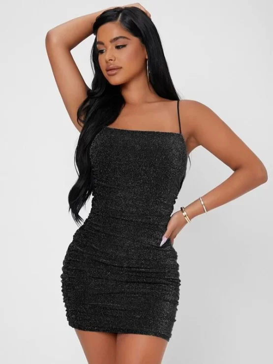 Backless Ruched Glitter Bodycon Dress - Image 10