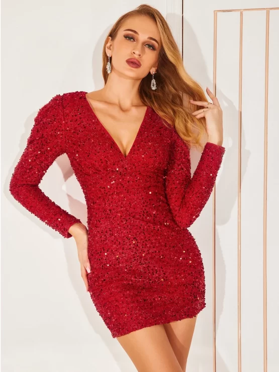 Double Crazy Plunging Neck Gigot Sleeve Sequin Bodycon Dress