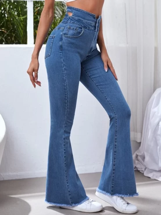 High Waisted Crisscross Back Cut Out Raw Hem Flare Leg Jeans - Image 4