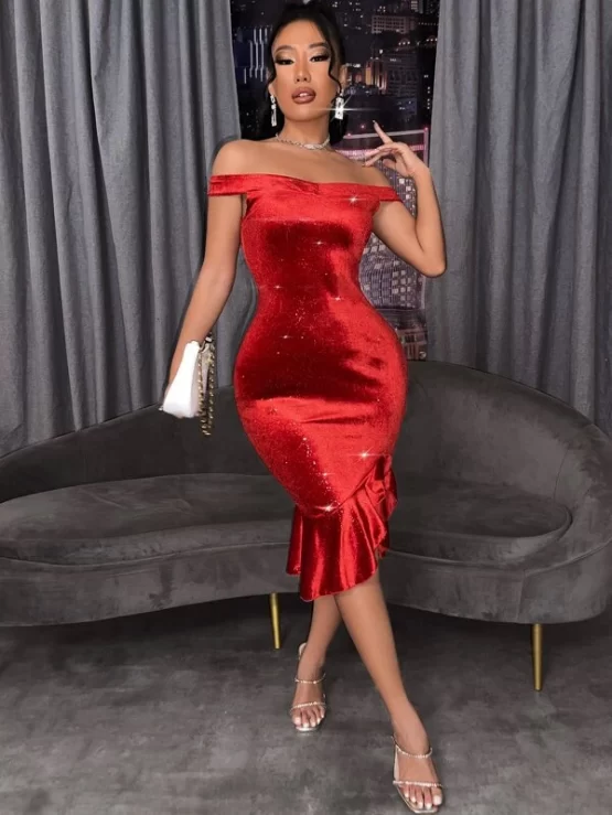 Splash Ink Off Shoulder Asymmetrical Ruffle Hem Velvet Dress - Image 4