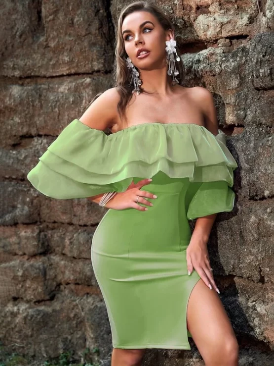 Color Block Off Shoulder Ruffle Trim Lantern Sleeve Slit Thigh Bodycon Dress - Image 7