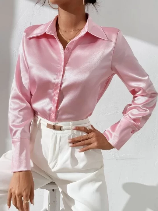 Solid Button Up Satin Blouse - Image 4