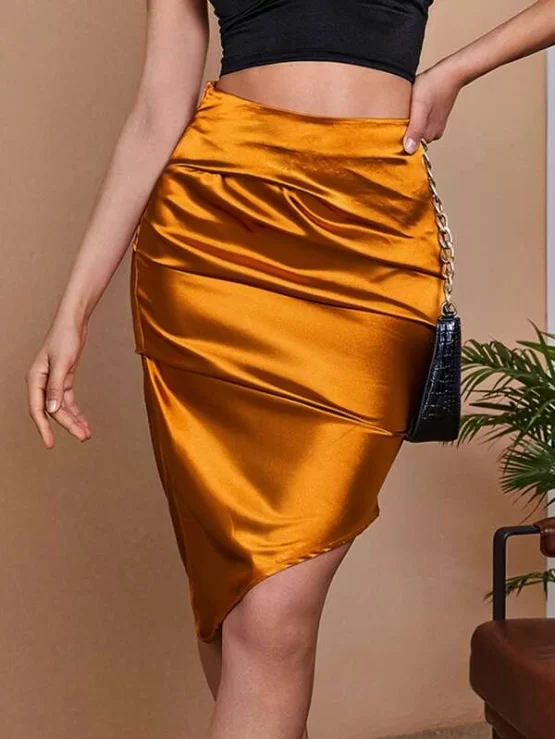 Ruched Asymmetrical Hem Satin Skirt