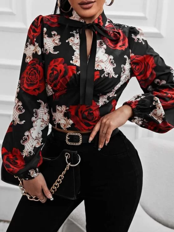 Floral Print Lantern Tie Neck Sleeve Blouse