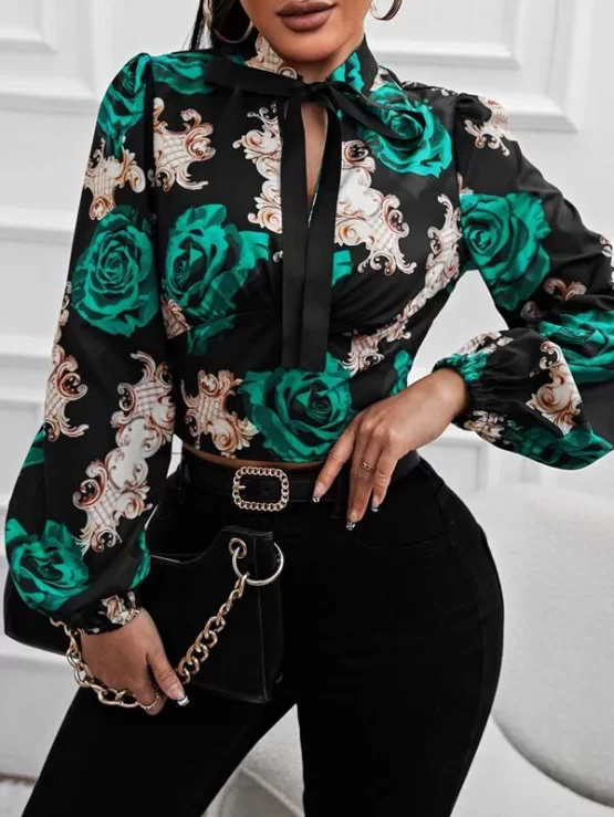 Floral Print Lantern Tie Neck Sleeve Blouse - Image 4