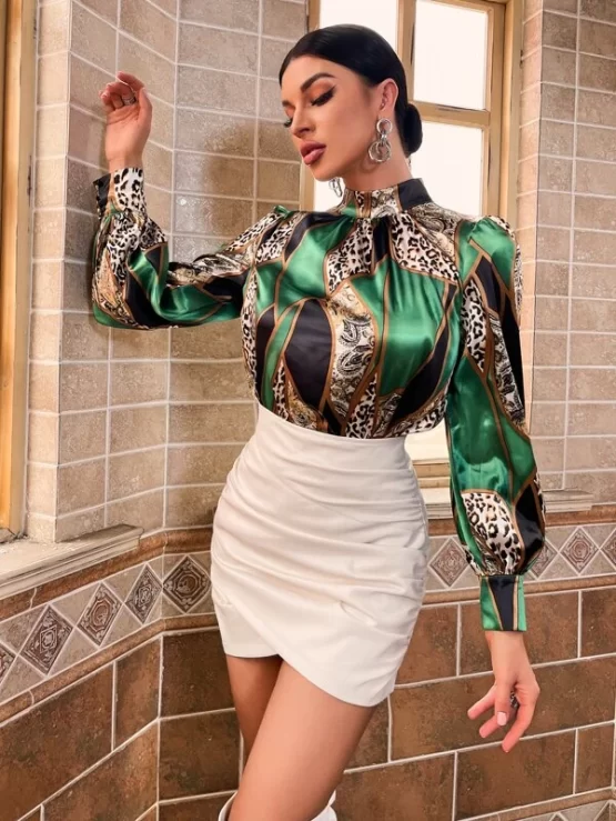 Paisley & Leopard Print Mock Neck Blouse