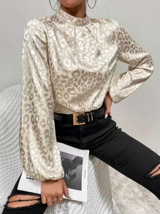 Leopard Jacquard Lantern Sleeve Mock Neck Satin Blouse