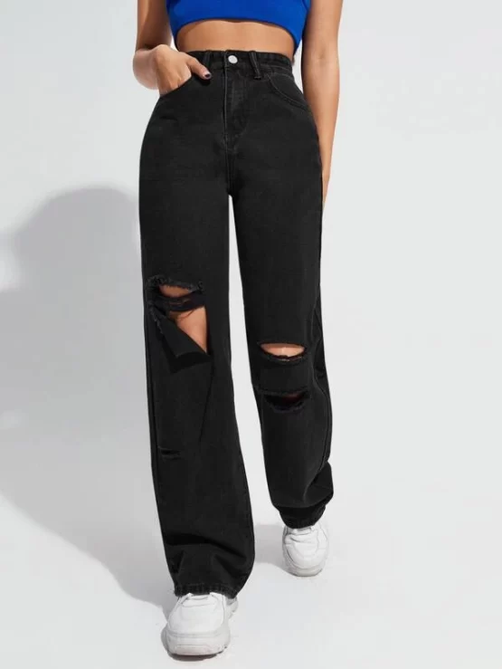 High Waist Ripped Boyfriend Jeans - Image 4
