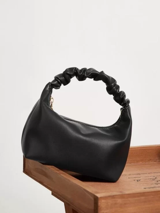 Ruched Handle Satchel Black Bag - Image 4